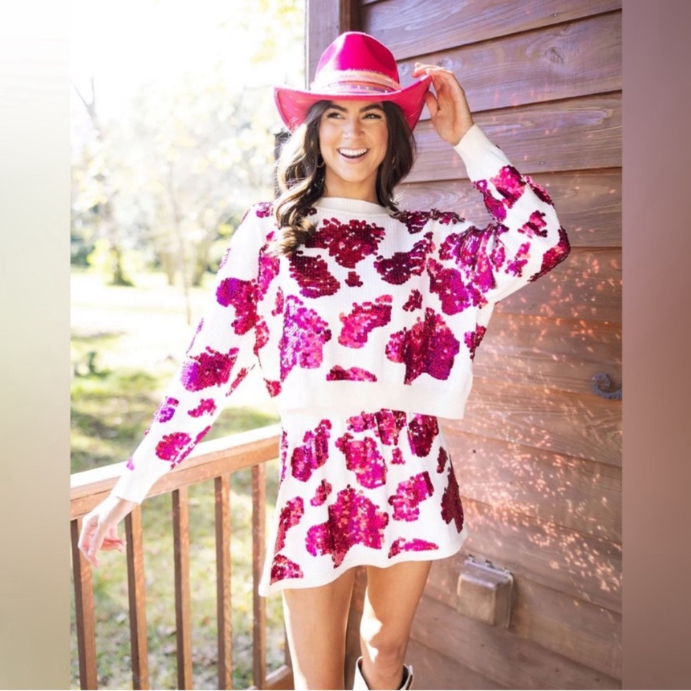 Queen of Sparkles SPOT ON SEQUIN COW PRINT LONG SLEEVE SWEATSHIRT IN WHITE NWT